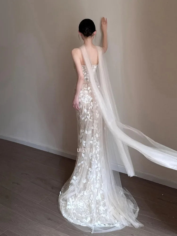 Elegant Strapless Mermaid Wedding Party Dresses Shiny Sequins Court Training Lace Decal Prom Gown Customized Vestido De Novia