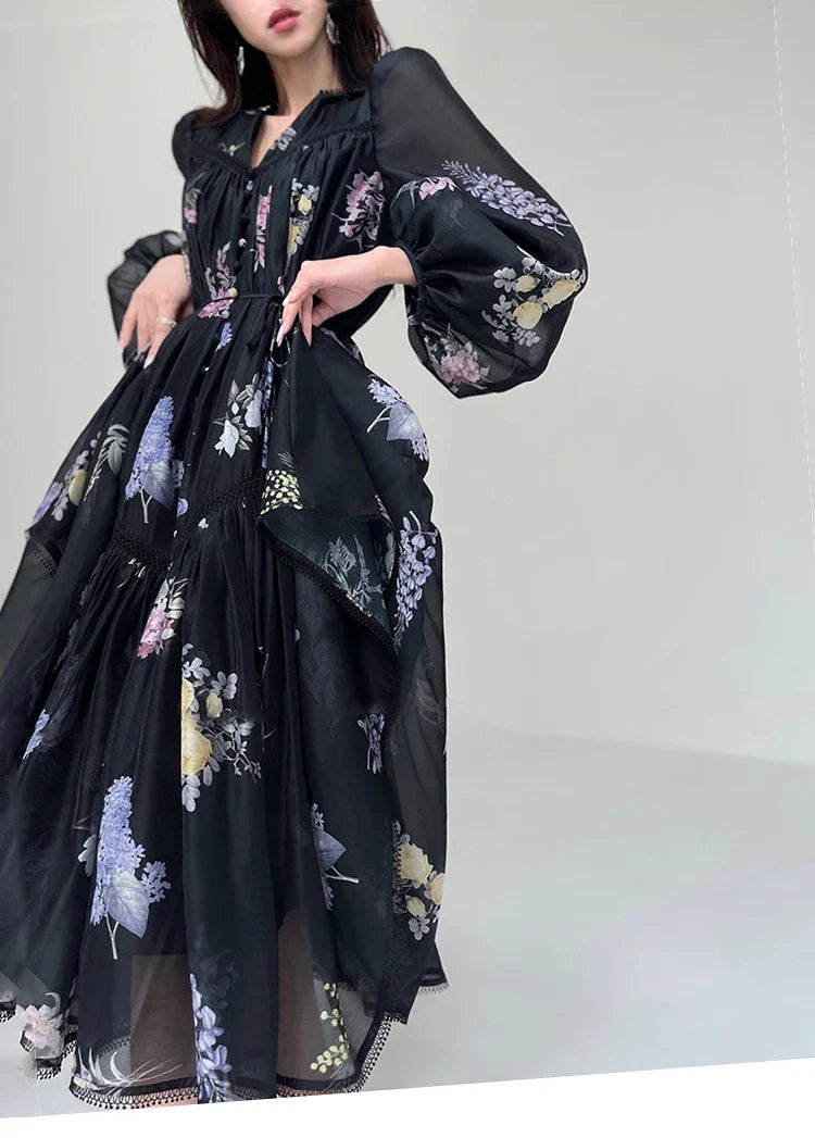 High Quality Fashion Vintage Women Spring Autumn Print Flower V Neck Lantern Sleeve Boho Casual Party Holiday Dresses