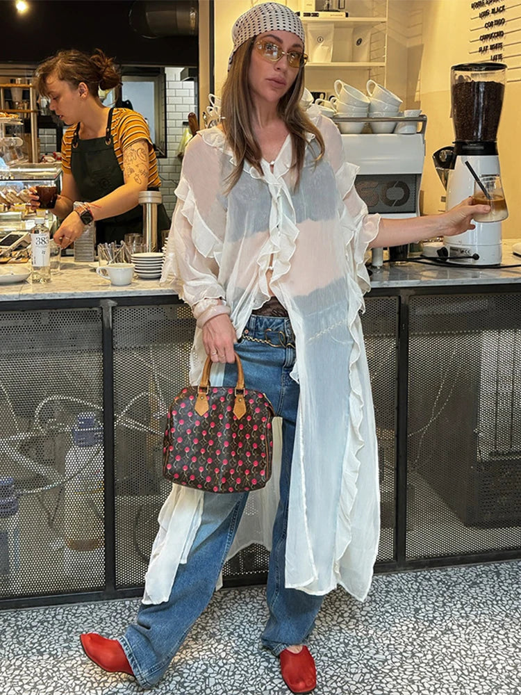Women's Boho Sheer Cover Up Summer Sexy See Through Maxi Cardigan Dresses Holiday Loose Beach Party Club Chiffon Dress