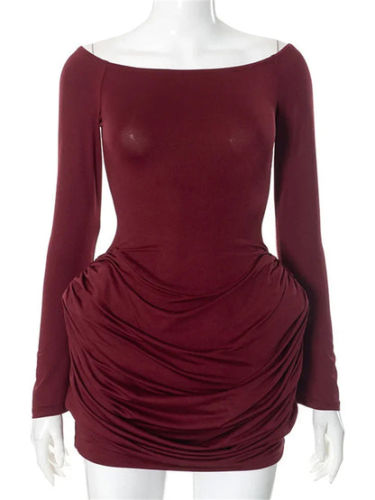 Scoop Neck Long Sleeve Ruched Draped Wrap Hem Bodycon Mini Dress