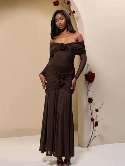 Off Shoulder Long Sleeve 3D Floral Rosette Mermaid Maxi Gown