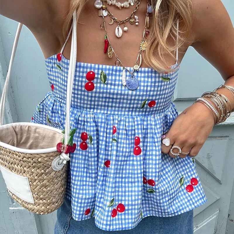 Backless Tie Up Crop Tops Cherry Plaid Print Peplum Camisole Summer Holiday Sweet Cute Milkmaid Tank Vest Y2K Clothes