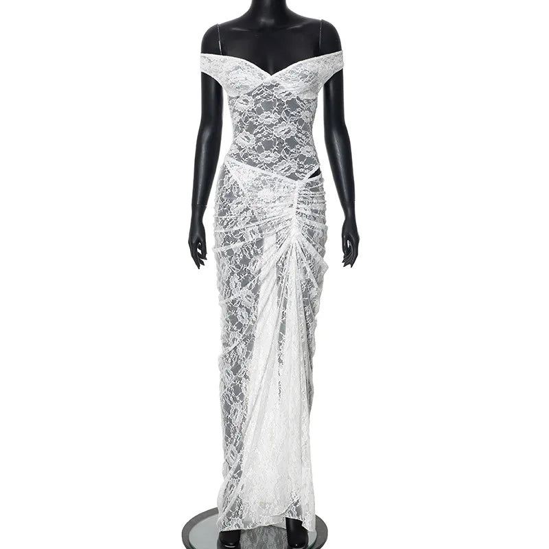 Off Shoulder Lace Sweetheart Neck Ruched Cutout Maxi Dress
