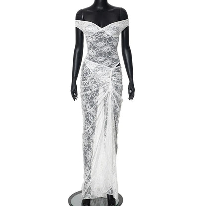 Off Shoulder Lace Sweetheart Neck Ruched Cutout Maxi Dress