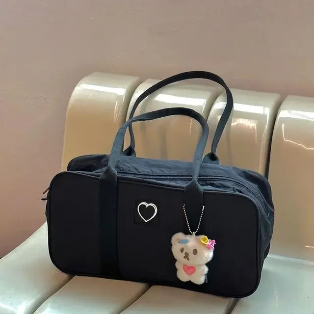 Women Y2k Shoulder Bags Large Capacity Heart Nylon Boston Handbag Korean Fashion Design Girls Casual Commuter Bag New