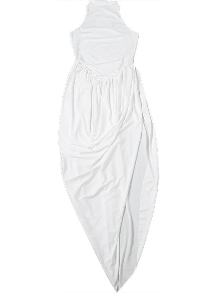 Fashionable White Tank Dress Women Summer Elegant O Neck Sleeveless Patchwork Pleated Long Dress Female Summer Outfit
