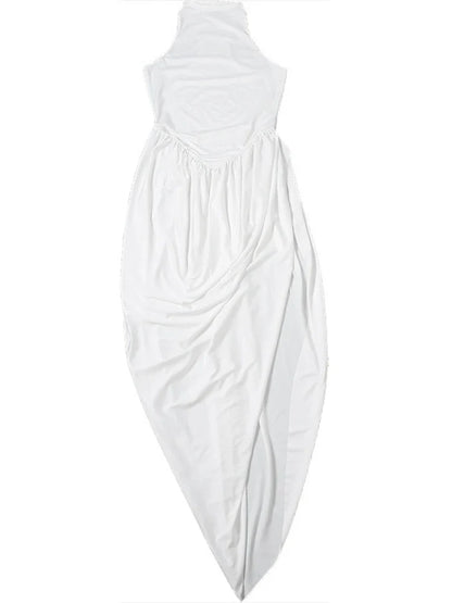 Fashionable White Tank Dress Women Summer Elegant O Neck Sleeveless Patchwork Pleated Long Dress Female Summer Outfit