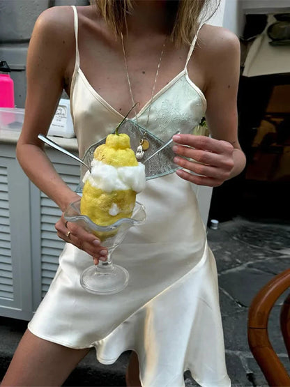 Women Sexy V-neck Lace Patchwork Satin Mini Sling Dress Chic Sleeveless Backless Ruffles Dresses Summer Party Cocktail Vestidos