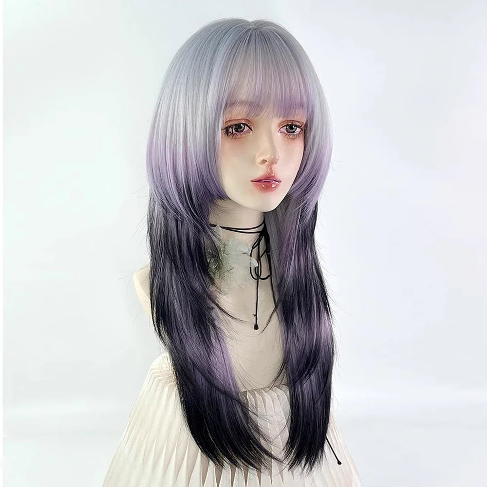 Grey Ombre Purple Black Jellyfish Head Wig Long Straight Synthetic Women Fluffy Lolita Cosplay Wig for Daily Party