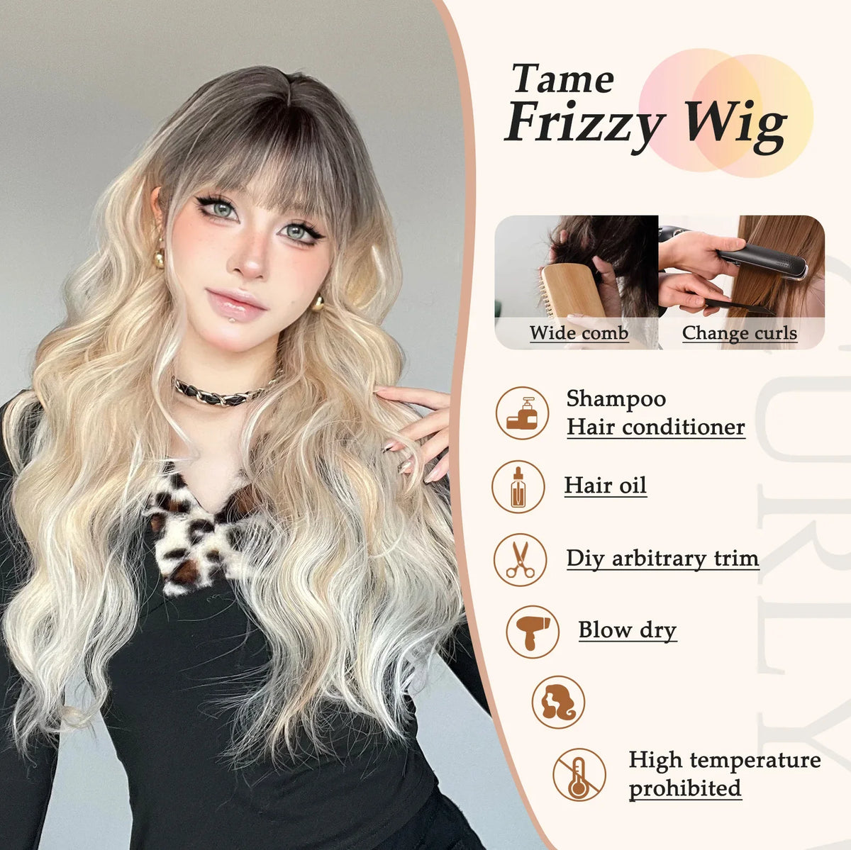 Ombre Blonde Wig with Bangs Long Wavy Wig for Women Highlight Platinum Curly Synthetic Wig Cosplay Party Daily Heat Resistant
