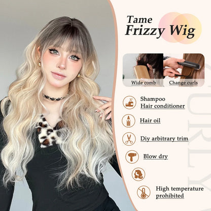 Ombre Blonde Wig with Bangs Long Wavy Wig for Women Highlight Platinum Curly Synthetic Wig Cosplay Party Daily Heat Resistant