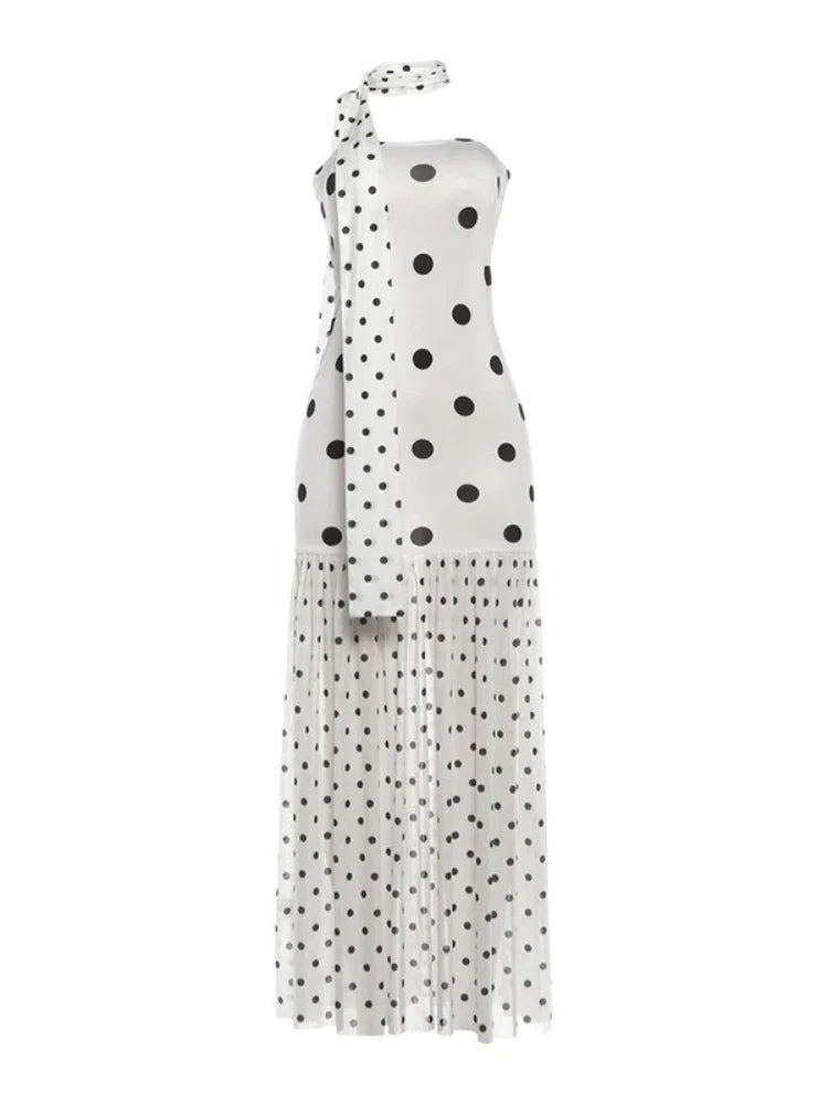 Sexy White Dot Print Strapless Maxi Dress with Matching Scarf for Women Summer Sleeveless Mesh Patchwork Vacation Dress
