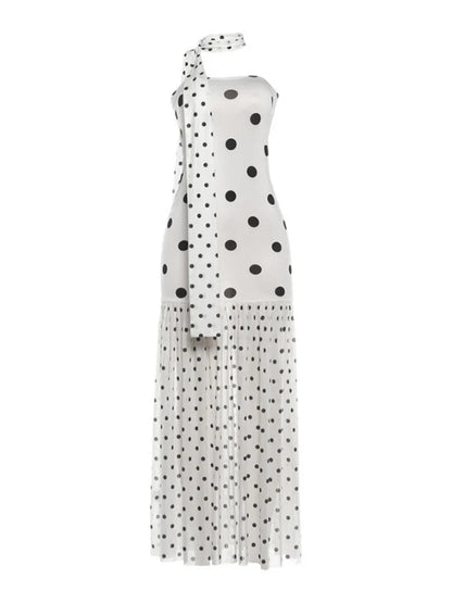 Sexy White Dot Print Strapless Maxi Dress with Matching Scarf for Women Summer Sleeveless Mesh Patchwork Vacation Dress