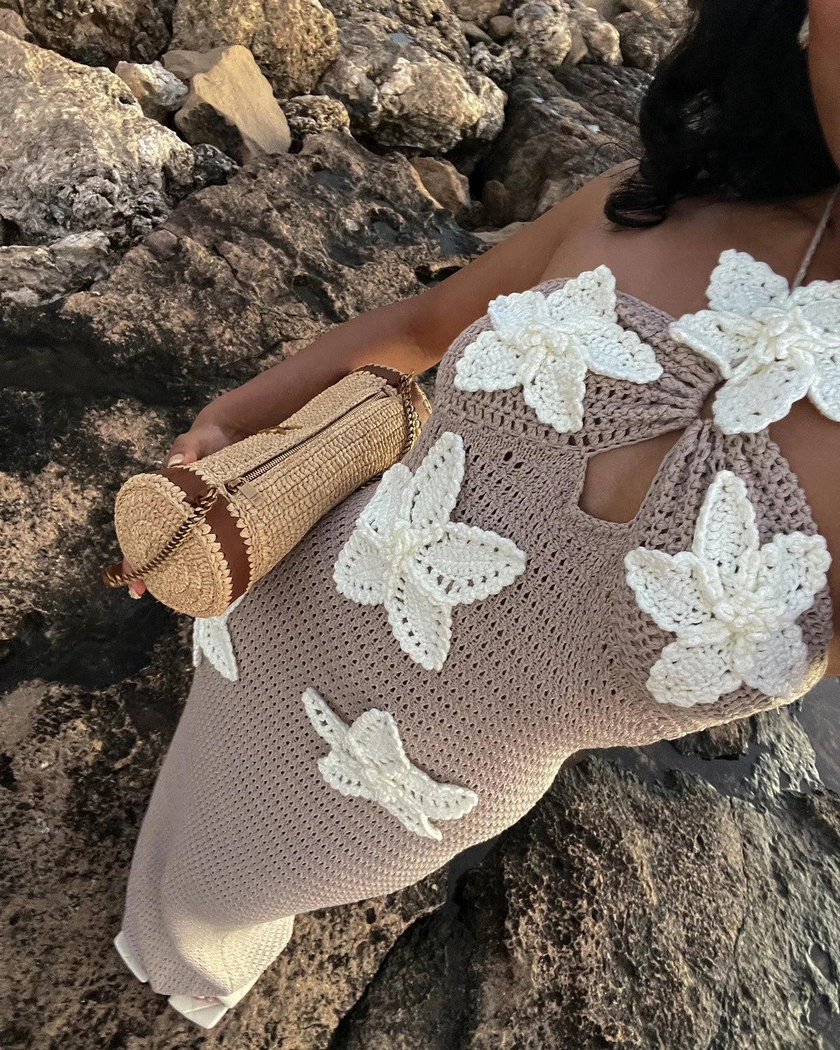 Crochet Halter Keyhole 3D Floral Applique Bodycon Maxi Dress