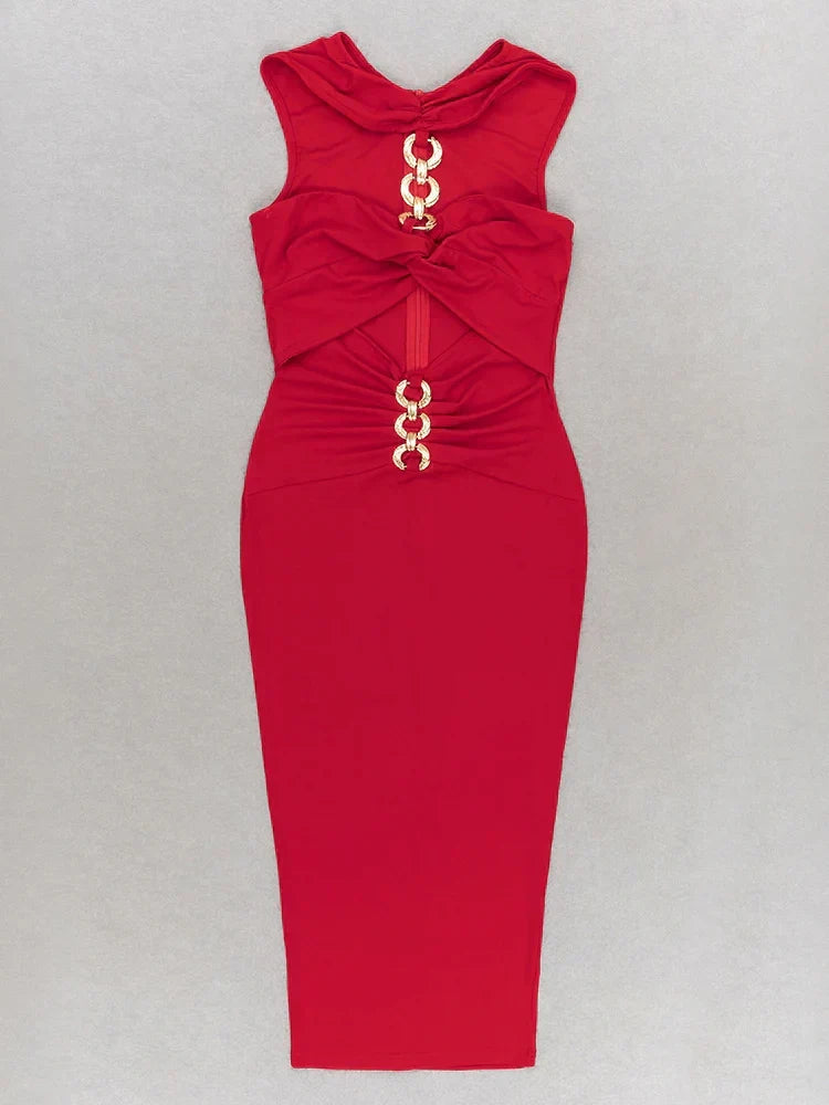 Chain Ring Hardware Halter Cutout Ruched Waist Bandage Midi Dress