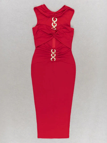 Chain Ring Hardware Halter Cutout Ruched Waist Bandage Midi Dress