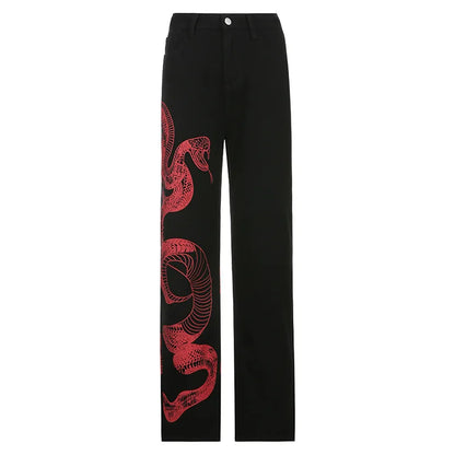 Ladies Fashion Y2k Baggy Black Wind Dragon Printed Woman High Waist Straight Leg Jeans Graphic Streetwear Denim Trousers