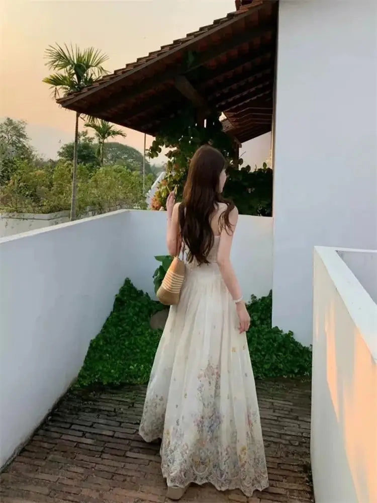 Floral Print Halter Dress Women's High Waist Gradient Sleeveless Long Dress Spring Commute Style Embroidered A-Line Skirt