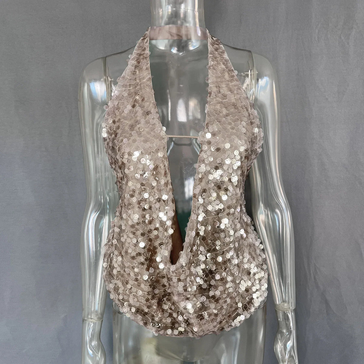 Summer Backless Solid Sequins Women's Tops Sexy Halter Sleeveless Crop Camis Lady Cute Party Shining Top Holiday Beach Tanks