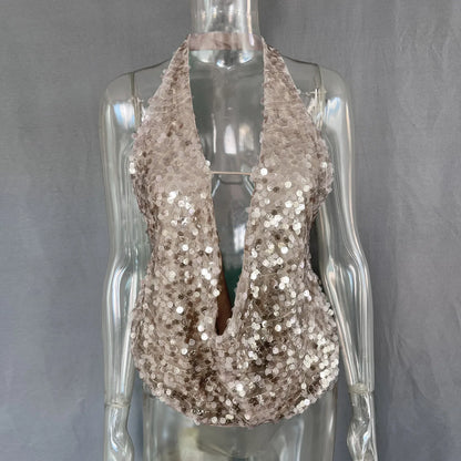 Summer Backless Solid Sequins Women's Tops Sexy Halter Sleeveless Crop Camis Lady Cute Party Shining Top Holiday Beach Tanks