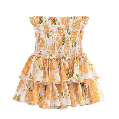 Women Cake Skirts jupe Summer Orange Flower Elastic Waist Ruched Package Hips Wood ears Ruffles Hem Mini Skirt