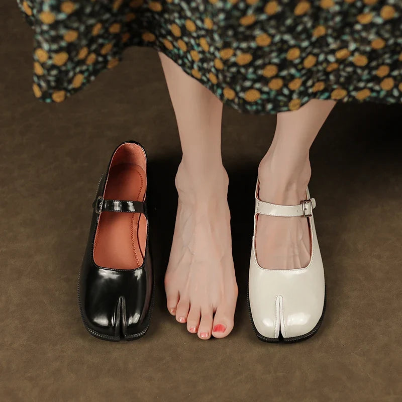 INS Hot Spring Autum Women Simple Shoes Cowhide Real Leather Flats Cozy Retro Mary Jane Ladies Buckle Strap Shoes Split Toe