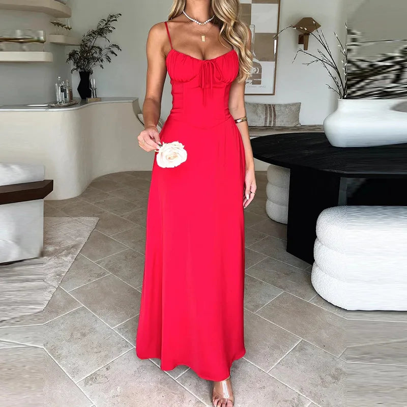 Sweetheart Neck Spaghetti Strap Ruched Tie Front Column Maxi Dress