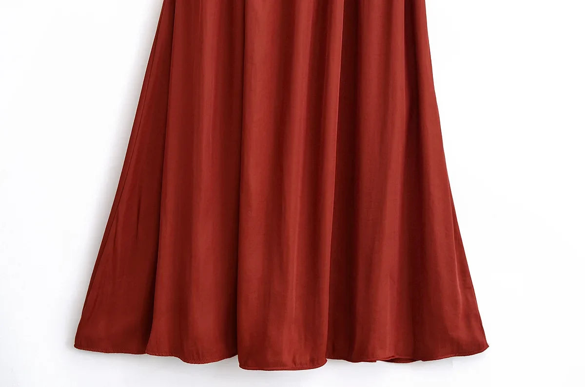 Summer new women's fashion versatile high-end simple round neck sleeveless party silk textured mid-length dress
