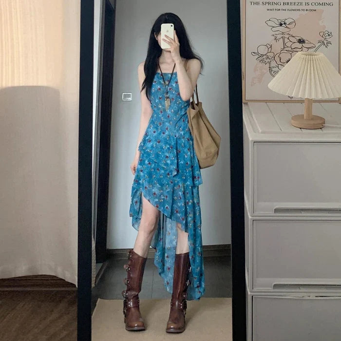Summer Vacation Floral Print Off-Shoulder A-Line Dress Women's Irregular Hemline Slimming Long Dress Korean Style Casual Wear