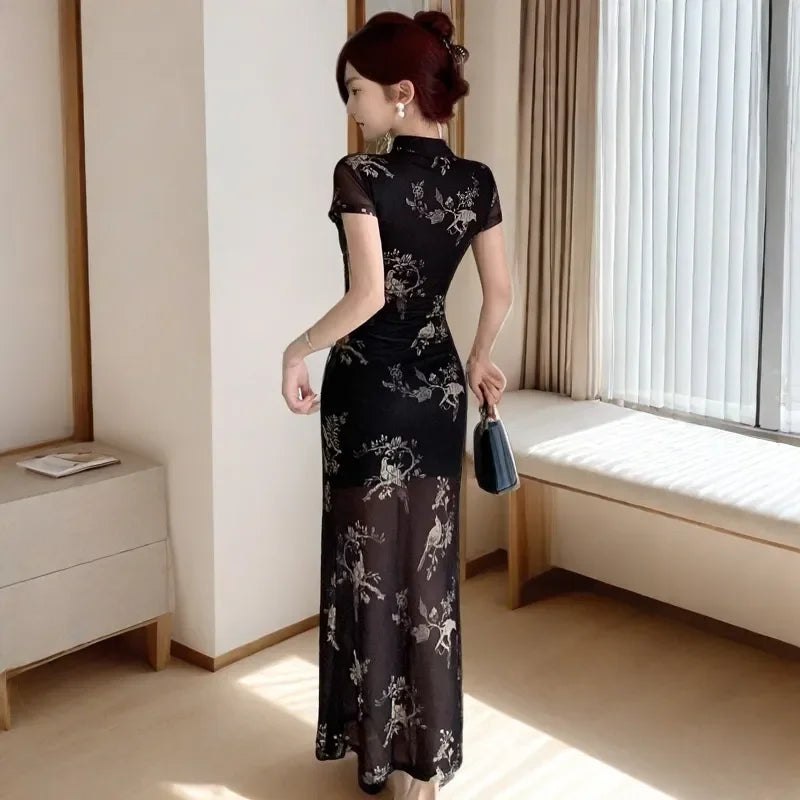 Vintage Chinese National Style Slimming Modified Cheongsam Dress Women's New Summer Chic Y2K Slim Elegant Split Long Dress