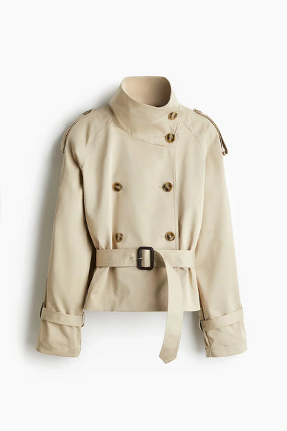 Stand Up Collar Trench Coat Belt Lace Up Double Breasted Short Jacket Retro Waist Cinched Silhouette Slimming Windbreaker Top