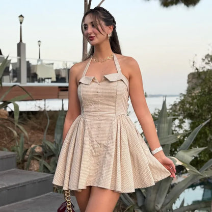 Summer New Khaki Plaid Fashion Short Dress High Waist A-line Hanging Neck Summer Dress Y2K Sweet Chic Woman Clothing