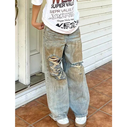 Autumn Blue Womens Ripped Jeans High Waist Baggy Casual Vintage Y2K Trend Straight Pants Street American Wide Leg Denim Trouser