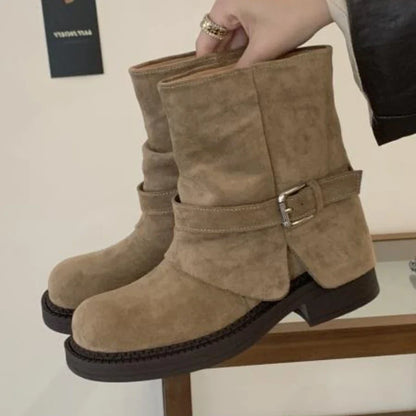 Fashion Metal Buckle Decoration Design Ankle Boots Women High Quality Retro Faux Suede Boots Comfortable Non-Slip Platform Boots