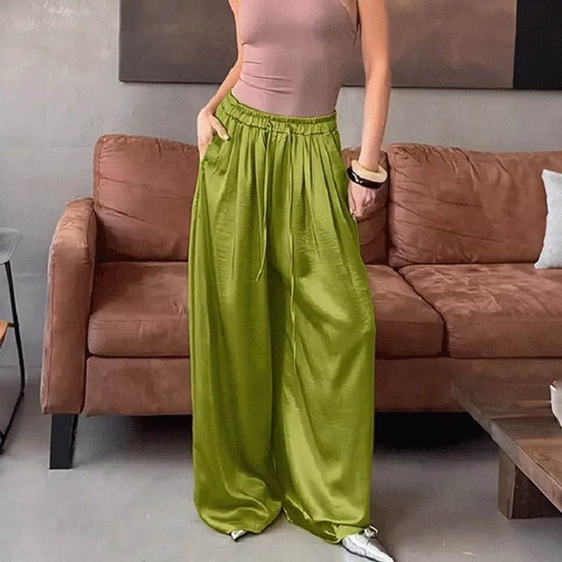 Women's Fashion Satin Pants Solid Vintage Lace Up Patchwork Loose Trouser Summer Elegant Casual Commute Female Trousers