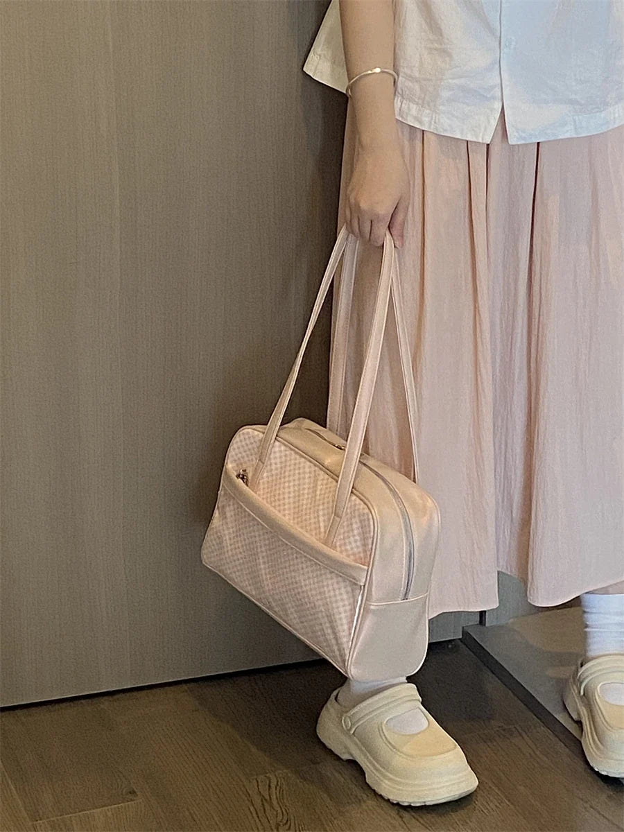 Sweet Girl Japanese Original Pink Plaid Small Capacity Transparent Pain Bag Baby Bag Two-dimensional Student Shoulder Bags
