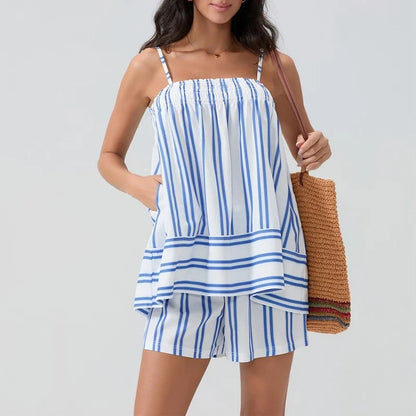 Women 2 Piece Lounge Set Sleeveless Striped Cami Peplum Top Boxer Shorts Loose Fit Ruffles Matching Pj Sets Outfits