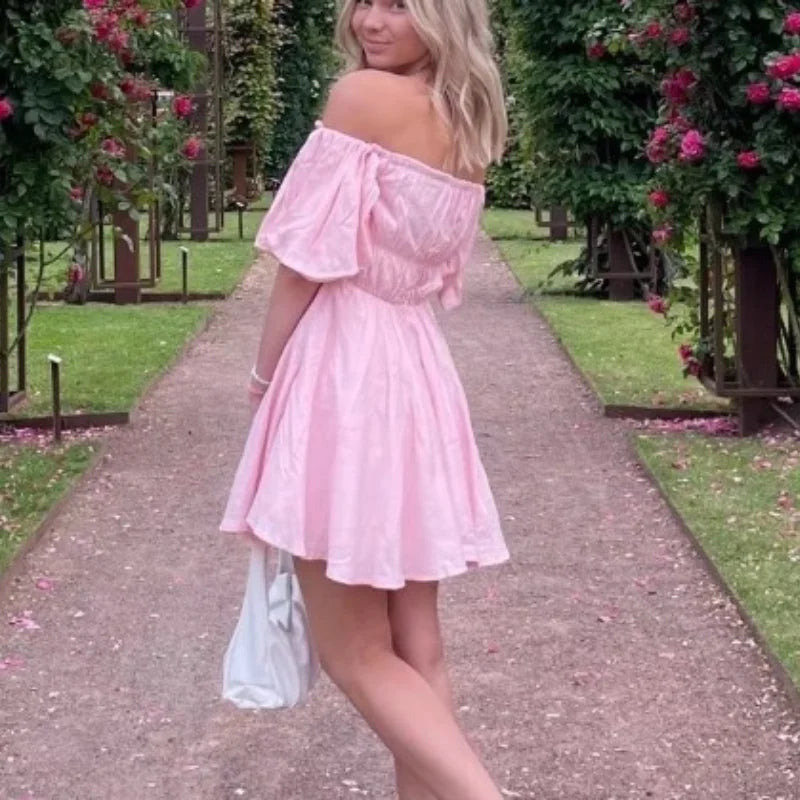 Elegant Sexy Square Collar Mini Dress Women Vintage Puff Short Sleeve Elastic Waist Summer Dresses Female Boho Vestidos