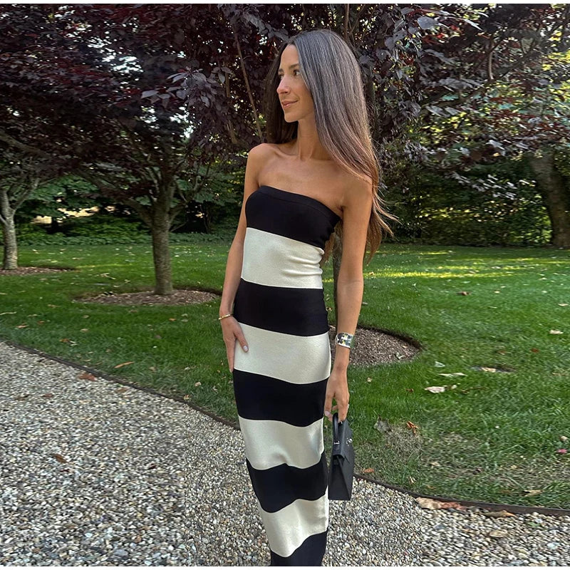 Elegant Striped Knit Cardigan Dress Women Outfit Long Sleeve Button Jacket Tube Sleeveless Dresses Spring Autumn Lady Set