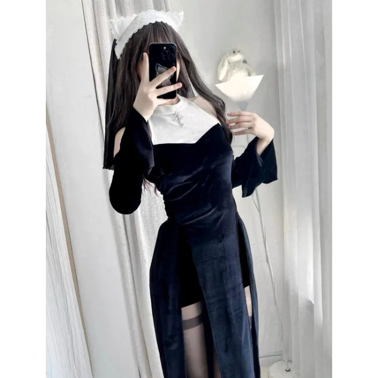 Y2k Gothic Black White Patchwork Dresses Subcultural Slim Waist Dark Dress for Women+ High Waist Shorts Two Piece Sets