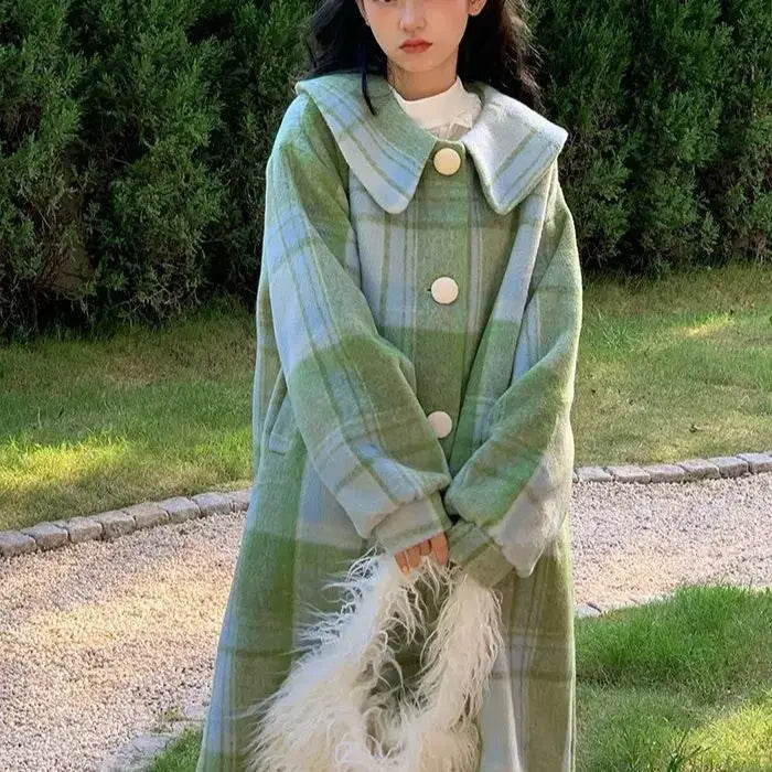 Woolen Coat Loose Fit Plaid Green Button Design Doll Collar Big Size Long New Long Sleeve Women Fashion Tide Autumn Winter
