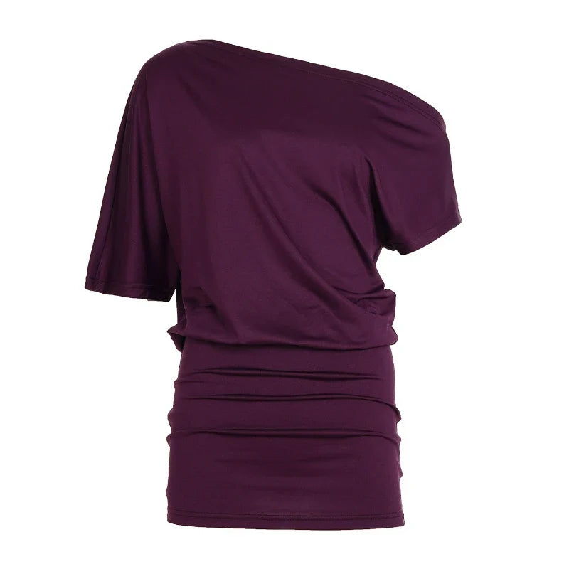 Fashion Mature Elegant Summer Off-the-shoulder Bat-shaped Sleeve Solid Color Loose Slimming Irregular Short Dress for Women