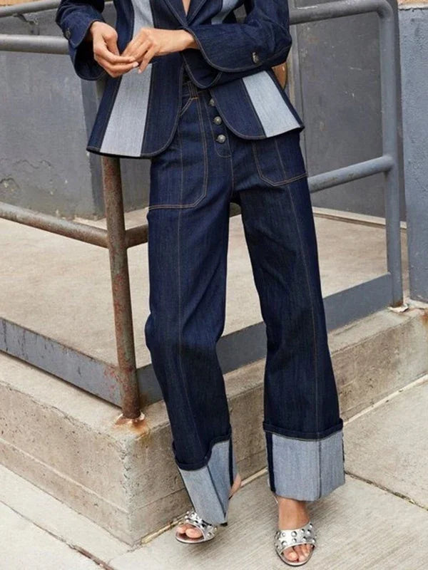 Female Straight Leg Jeans New Autumn Fashion Patchwork Imitation Denim High Waisted Casual Trousers Bottoms