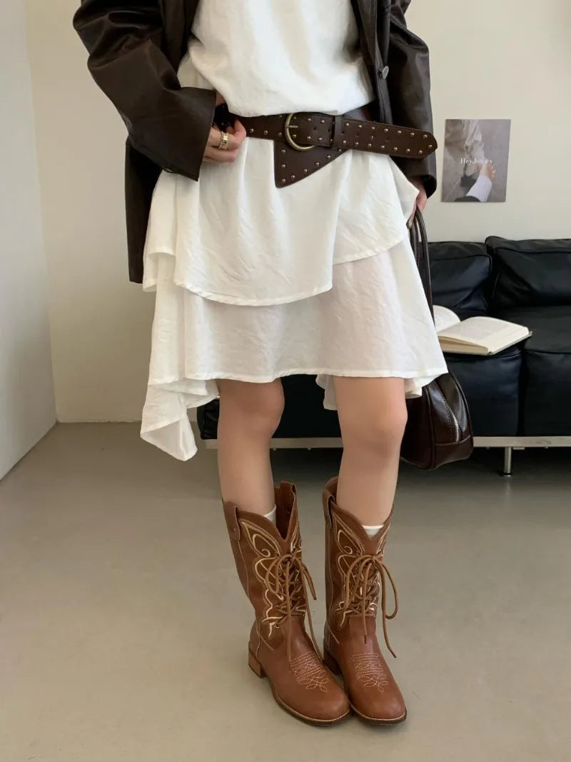Retro Butterfly Embroidery Wedges Ankle Boots Women Fashion Rivet Sewing Lace Up Mid Calf Boots Luxury Cozy Brand Designer Boots