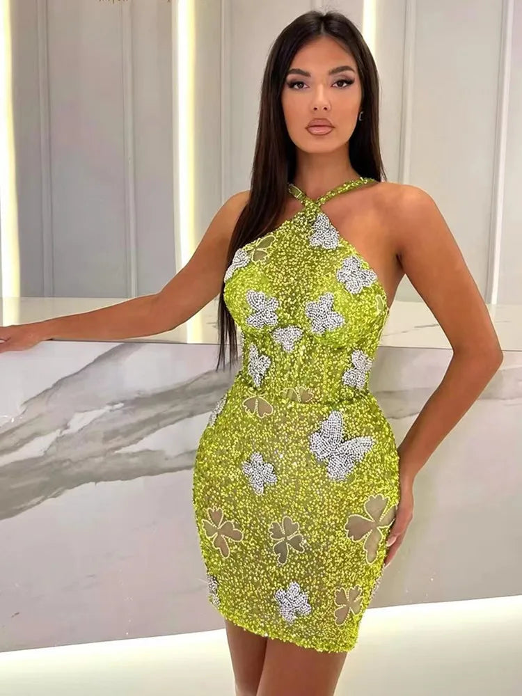 Sequin Butterfly Applique Halter Neck Bodycon Mini Dress