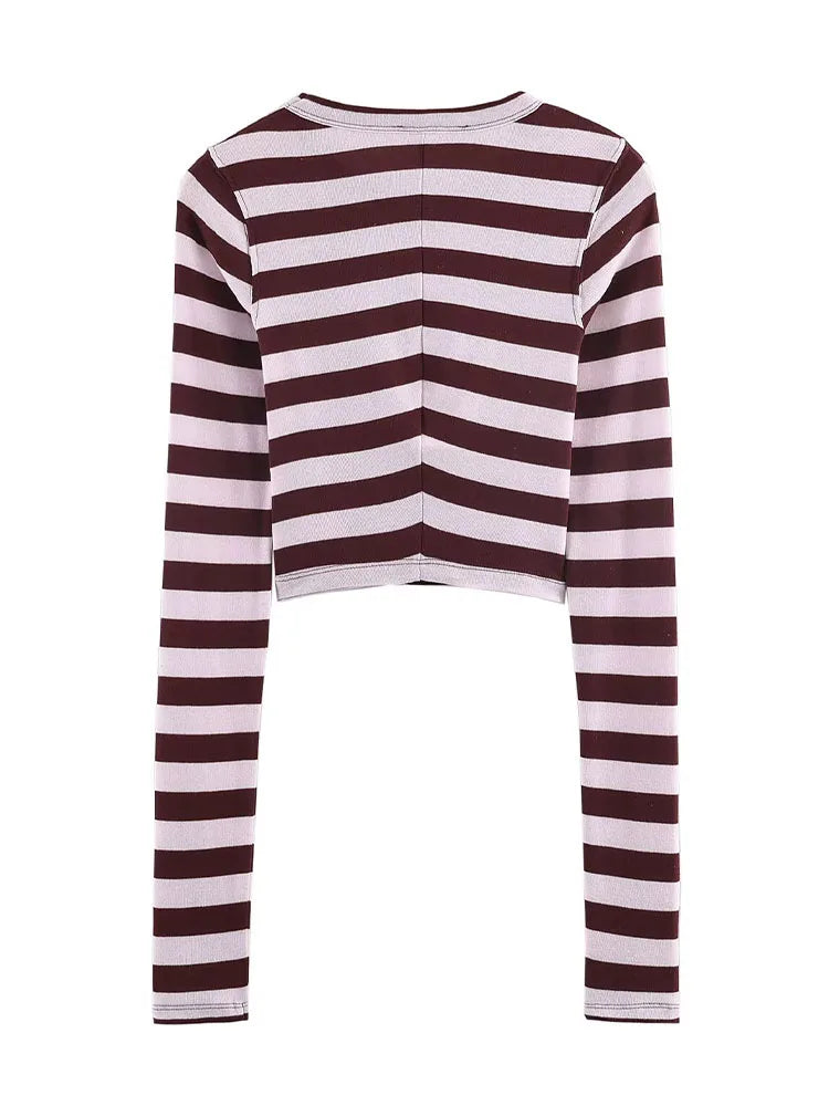 Women's Spring Fashion Versatile Round Neck Striped Short Pullover Top Female Elegant High Street Casual Long Sleeve Top