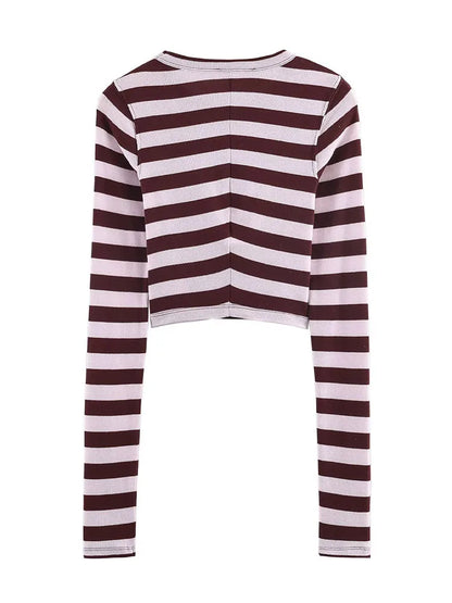 Women's Spring Fashion Versatile Round Neck Striped Short Pullover Top Female Elegant High Street Casual Long Sleeve Top