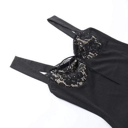 Square Neck Lace Panel Satin Mini Dress