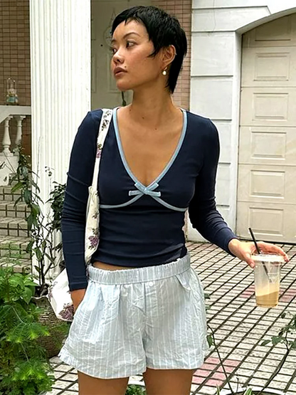 Contrast Patchwork Bow Crop T-shirt Women V-neck Long Sleeve Slim Versatile Pullover Top Hottie Casual Tees Streetwear