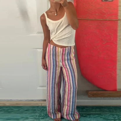 Casual Colorful Striped Women's Pants Loose Zipper Pockets High Waist Wide Leg Trousers Spring Summer Lady All-match Pant
